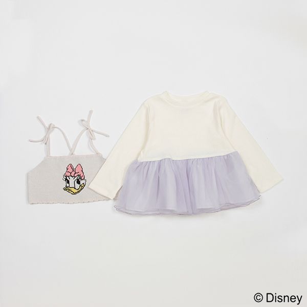 日本 petit main - 聯名款 針織細肩帶+雪紡拼接長袖(二件式)-黛西-粉紫