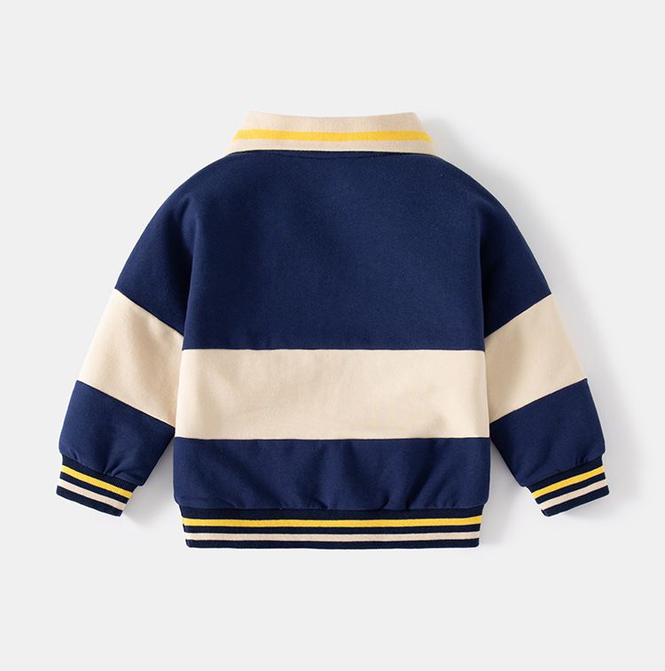 WELLKIDS - 翻領拼色長袖上衣/大學T-鯨魚-深藍+卡其