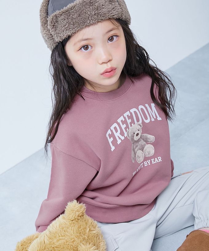 日本 devirock - 熱銷定番 女孩印花縮口長袖上衣-美式早餐-淡粉