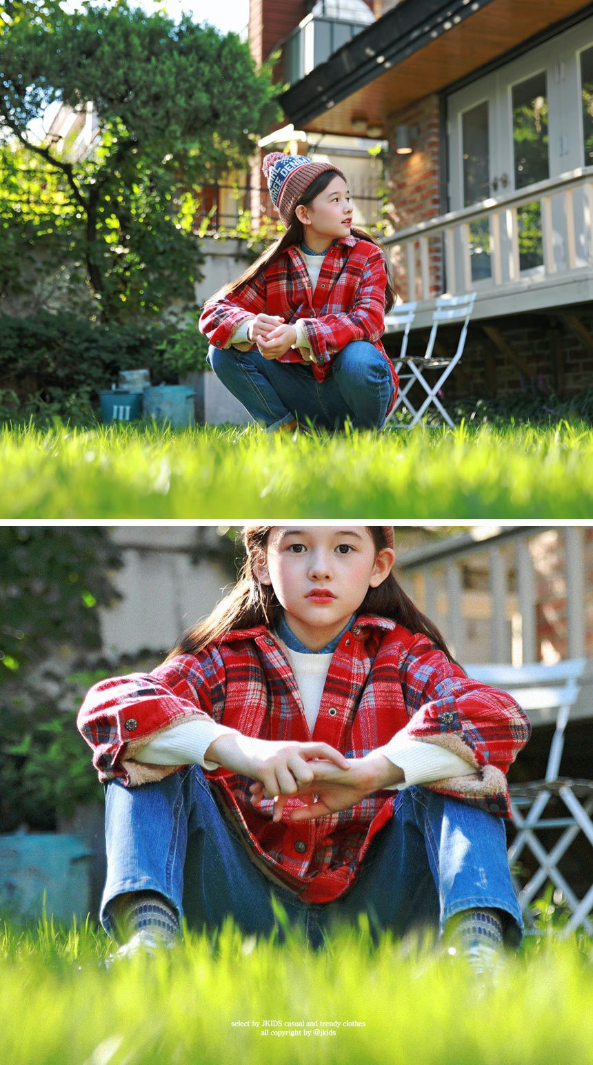 韓國 J KIDS - (內刷毛)長版紅格子襯衫/夾克