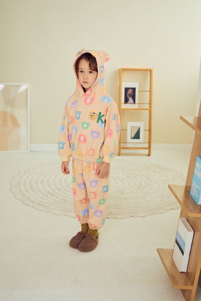 韓國 Mimico - 鬆緊腰多彩熊熊休閒縮口褲-橘膚