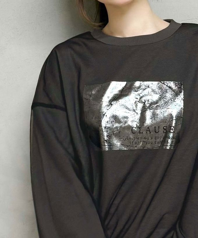 日本 Classical Elf - mily bilet 燙銀印花薄紗分層長袖上衣-時尚黑