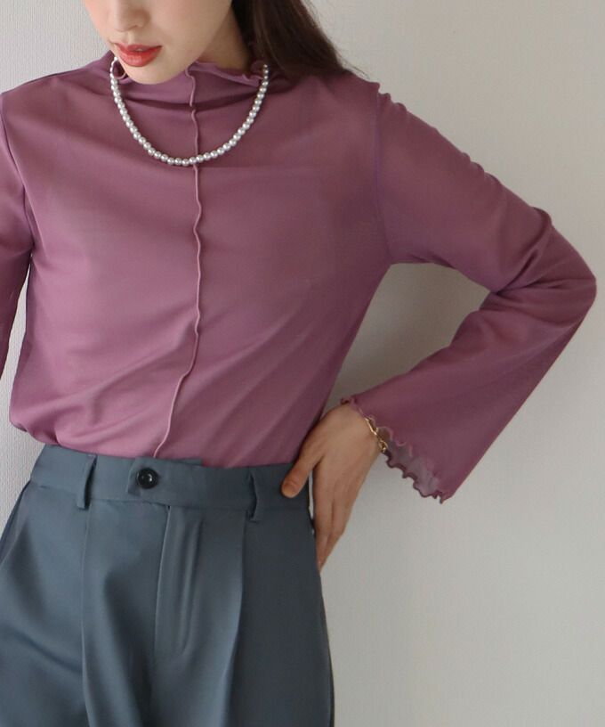 日本 BLUE EAST - 百搭木耳捲邊長袖上衣-白杏