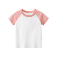 27KIDS - 純棉短袖上衣-拼接款-粉+白