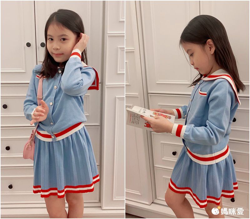 長袖針織套裝-學院風-藍色