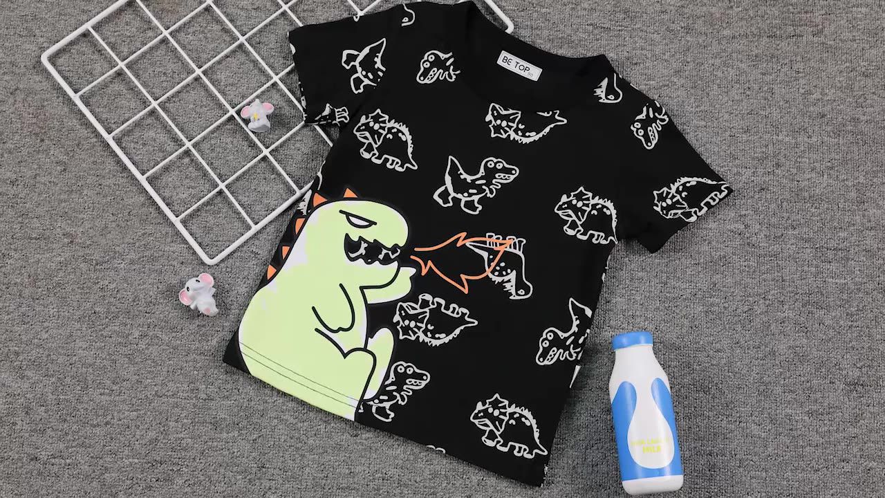 BE TOP - 純棉短袖上衣-噴火大恐龍-黑色