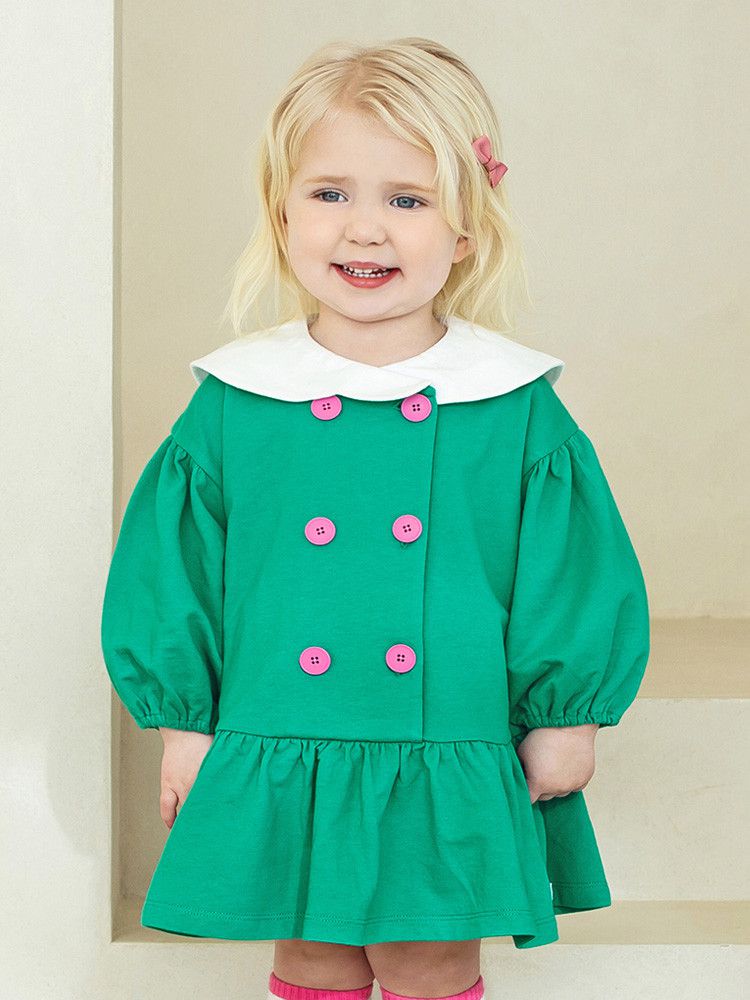 韓國 Pimpollo - 雲朵翻領鈕扣波浪洋裝-綠