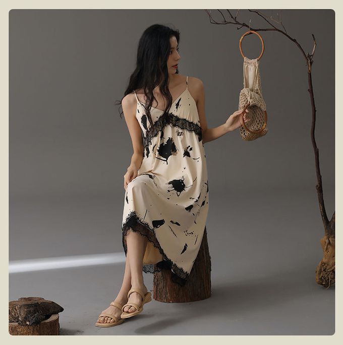 極簡潑墨風細肩帶抗菌棉質洋裝居家服