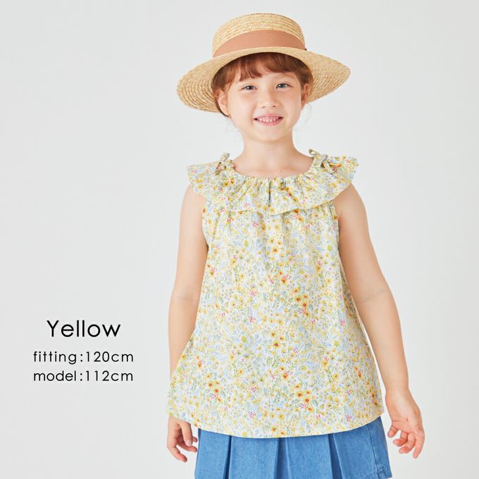日本 evercloset - 滿版花荷葉領無袖上衣-黃系