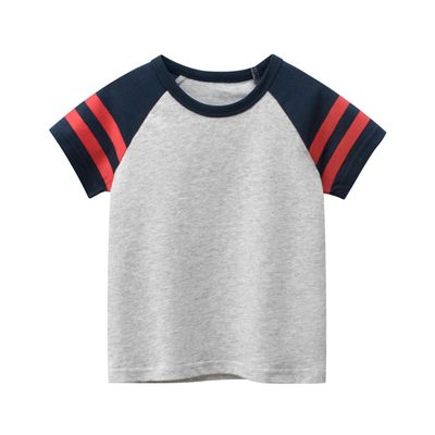 27KIDS - 純棉短袖上衣-無圖袖子條紋款-灰+深藍