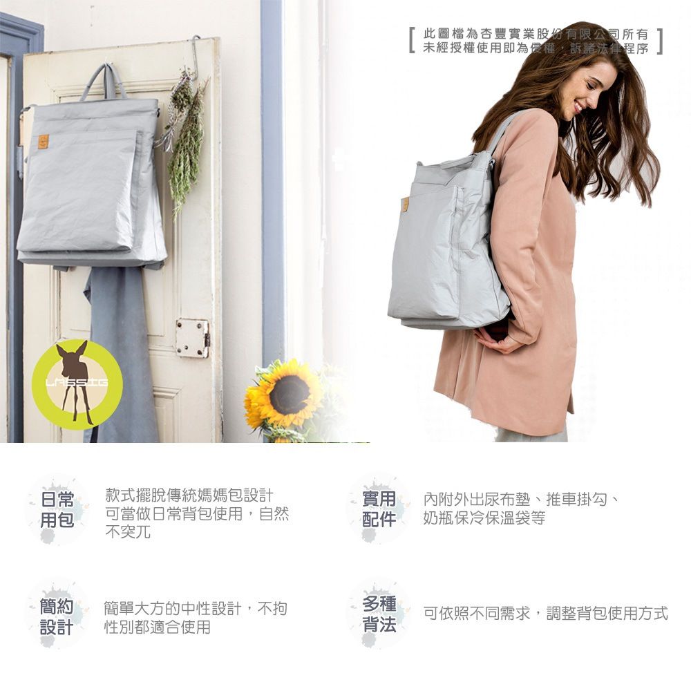 德國 Lassig - 復刻太空後背媽媽包-太空灰-含尿布墊+推車掛勾+保溫瓶收納包