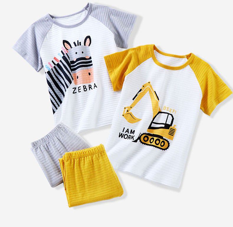 MAMDADKIDS - 竹節棉短袖套裝/家居服-挖土機開工-黃色