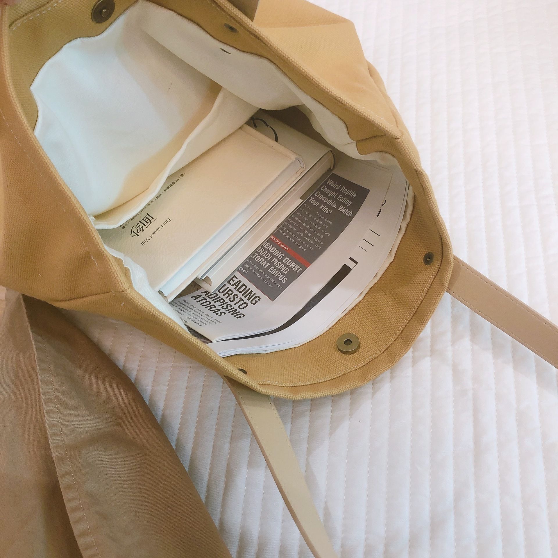 純色帆布單肩包/托特包-杏色 (33x35x7cm)