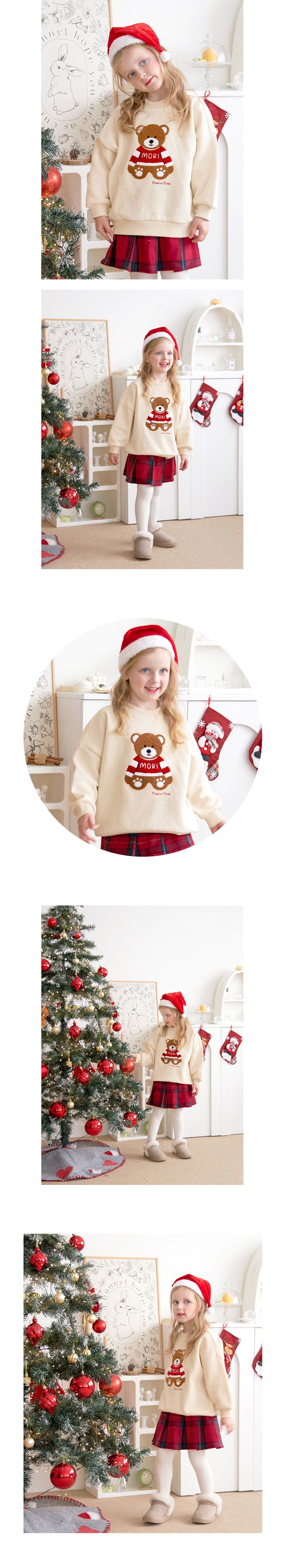 韓國 WALTON kids - (內磨毛)MORI毛毛熊圓領大學T/聖誕-米白