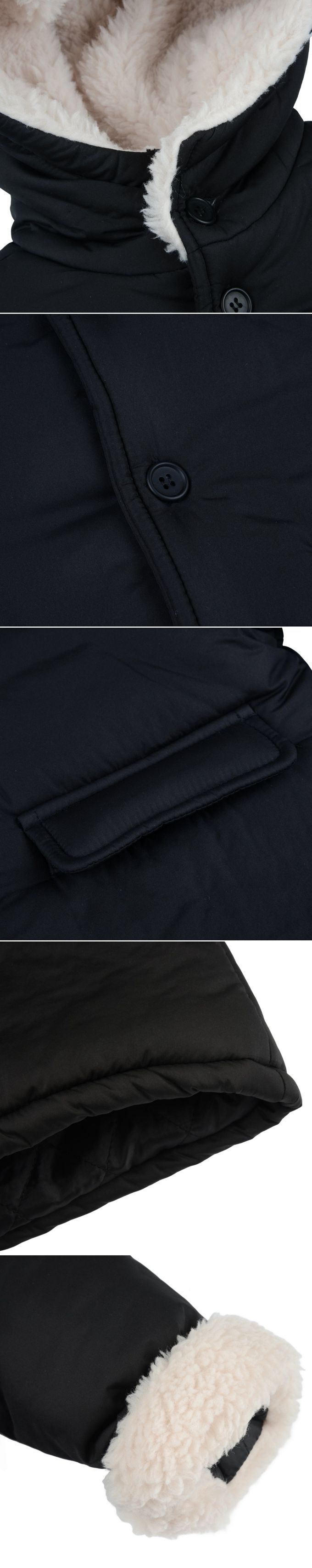 韓國 FORK CHIPS - 冬天保暖鋪棉長版連帽外套-黑