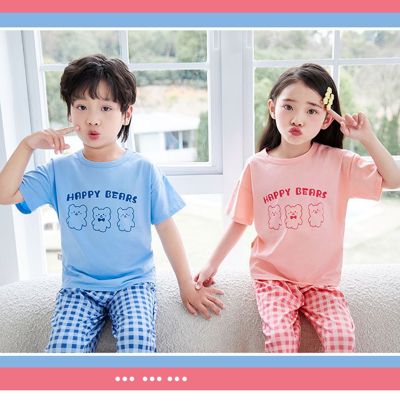 萊卡薄款短袖寬褲家居服套裝/空調服-熊熊+格子褲-奶油白