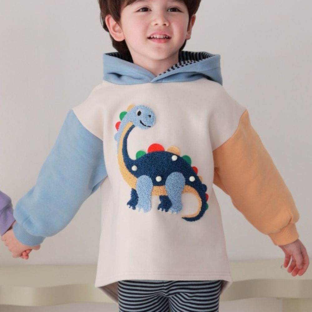 Coco rabbit (內磨毛)恐龍角裝飾拼色長袖連帽上衣-恐龍-天藍X芥黃