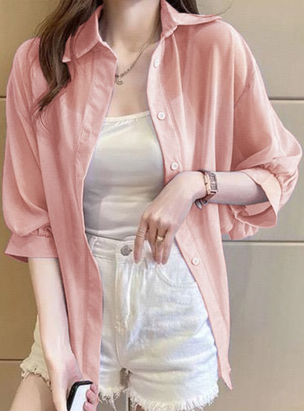 日本 GRL - 透明感氣球袖襯衫/罩衫-淺粉 (M)