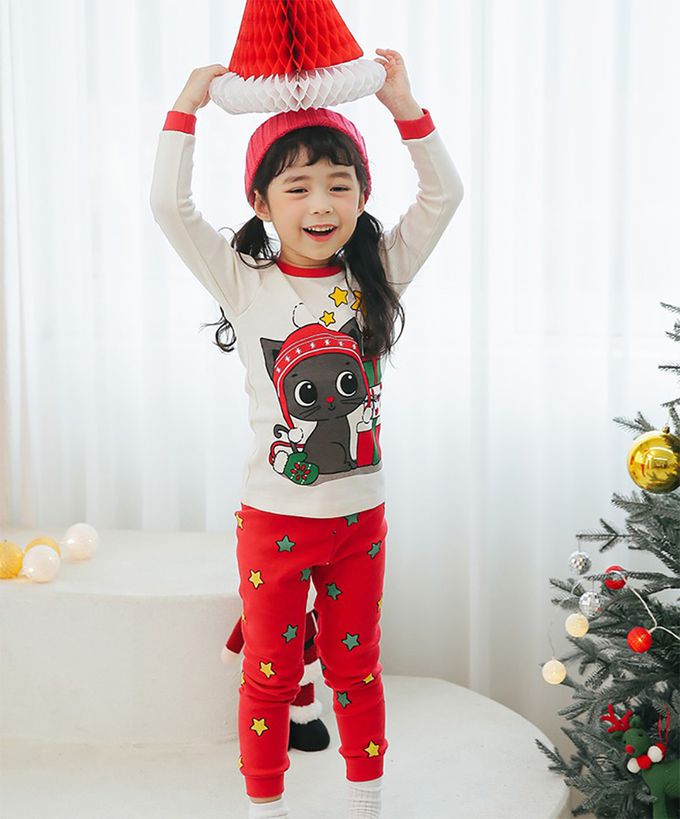 正韓 Puco - 超優質嬰幼兒/兒童長袖100% 有機純棉家居服/睡衣-聖誕貓貓