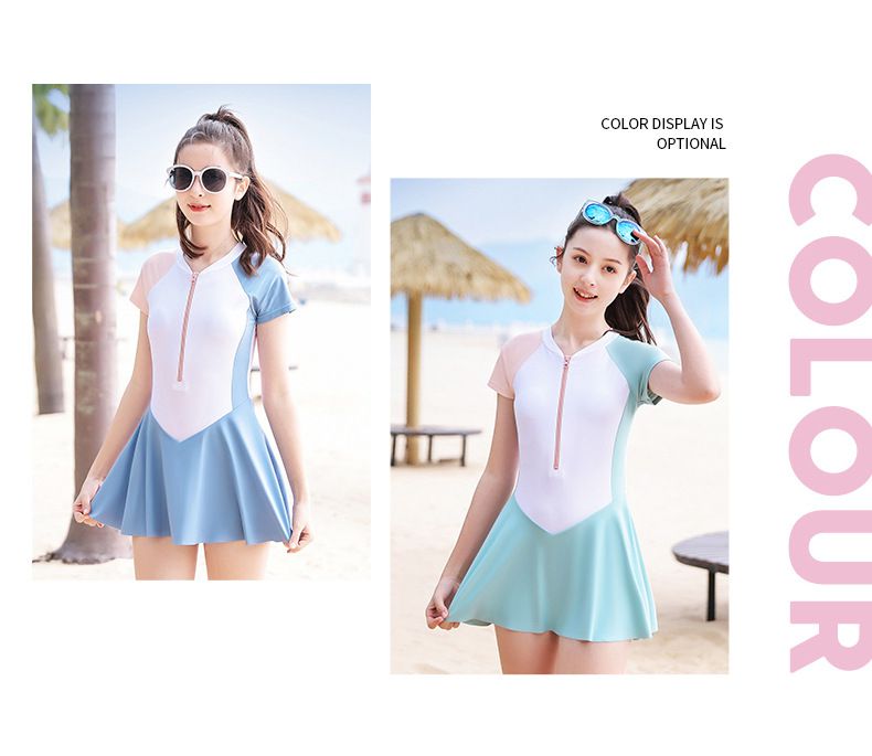 大童女孩運動風短袖連身裙泳衣-拼色款-粉+白+藍