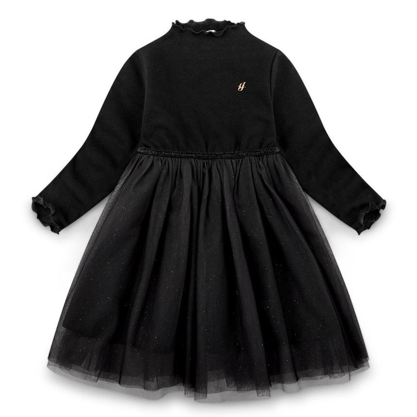 韓國 Jelispoon - (內刷毛)黑天鵝網紗拼接洋裝