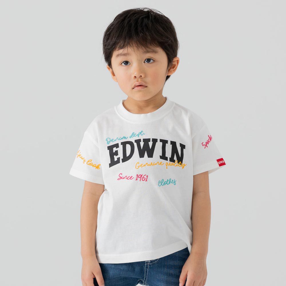 EDWIN聯名 純棉短袖上衣-彩色標語-白