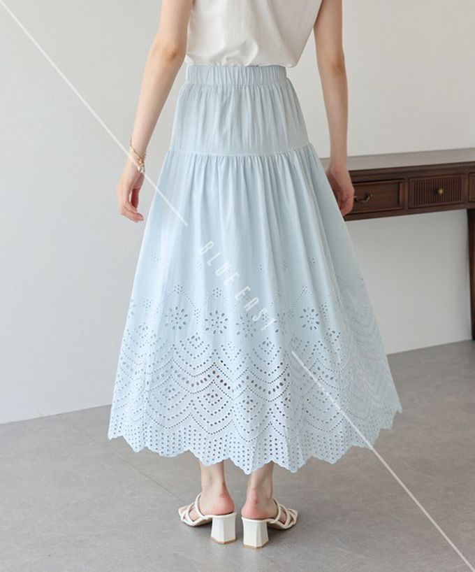 日本 BLUE EAST - 甜美雕花蕾絲下擺鬆緊長裙-白