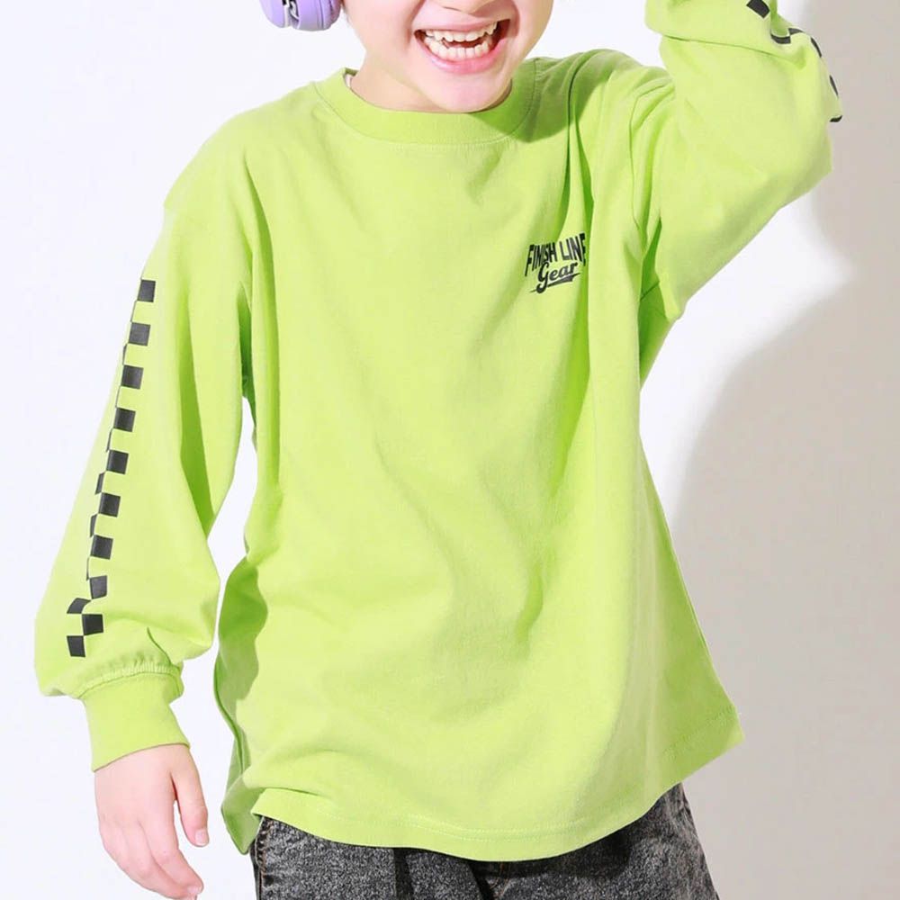 100%棉 定番印花寬版長袖上衣-潮流格子-黃綠