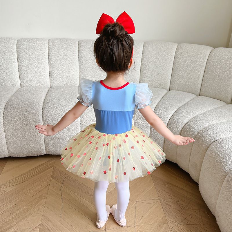 短袖造型公主裙/芭蕾舞裙-圓點寶石-藍+奶油黃