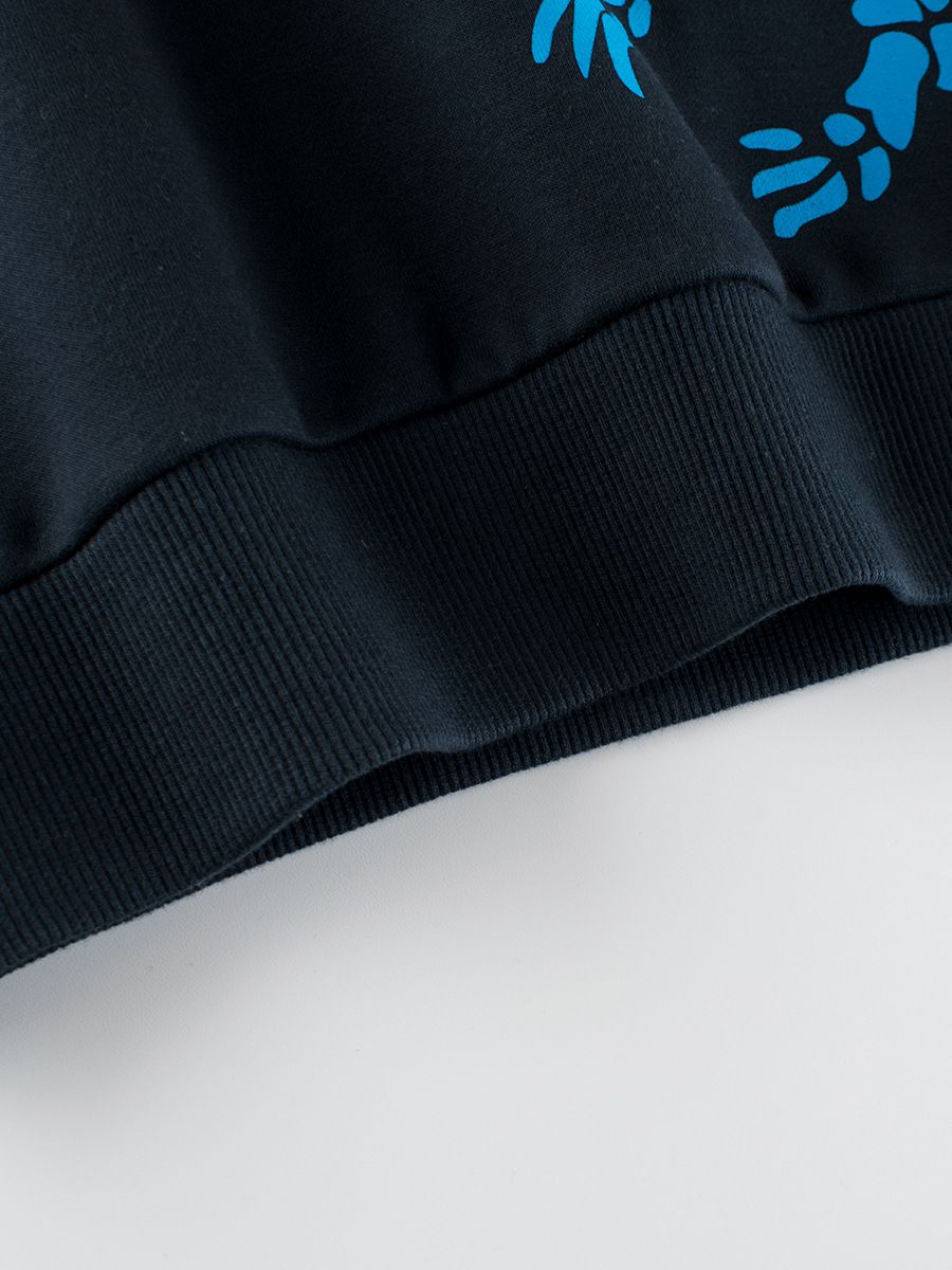 加絨棉質圓領長袖上衣/大學T-恐龍骨頭-深藍色