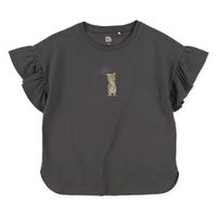 日本西松屋 - 可愛女孩荷葉袖印花上衣-小熊-炭灰
