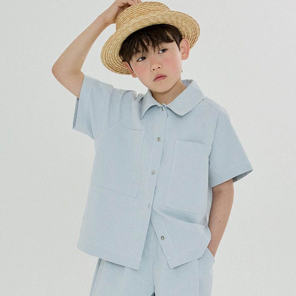 經典大口袋丹寧翻領襯衫-淺藍