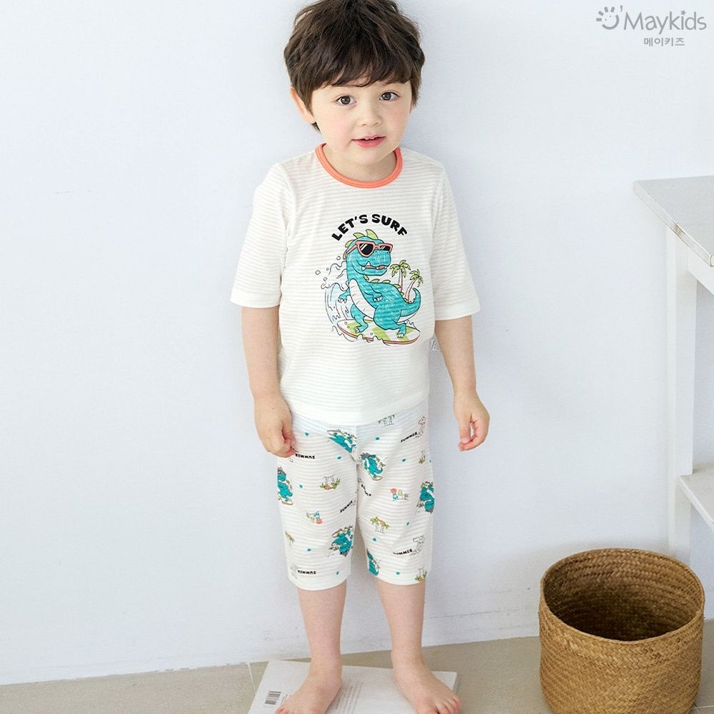 透氣條紋提花棉七分袖家居服-衝浪酷鯊魚-米