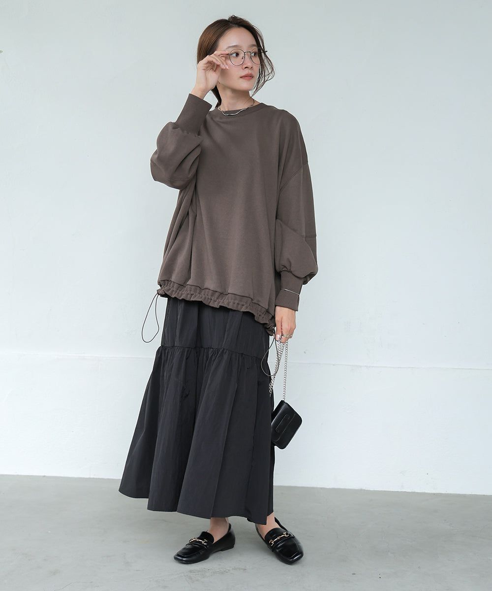 日本 Bab - 假二件拼接休閒束口長袖洋裝-咖棕系