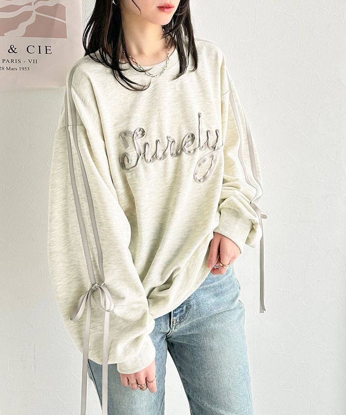 日本 Classical Elf - mily bilet 甜美袖蝴蝶結立體logo上衣-灰緞帶-燕麥灰