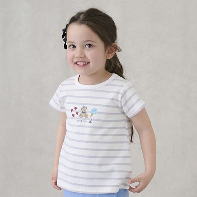 日本 petit main - 可愛荷葉袖短袖上衣-貝殼-藍紫