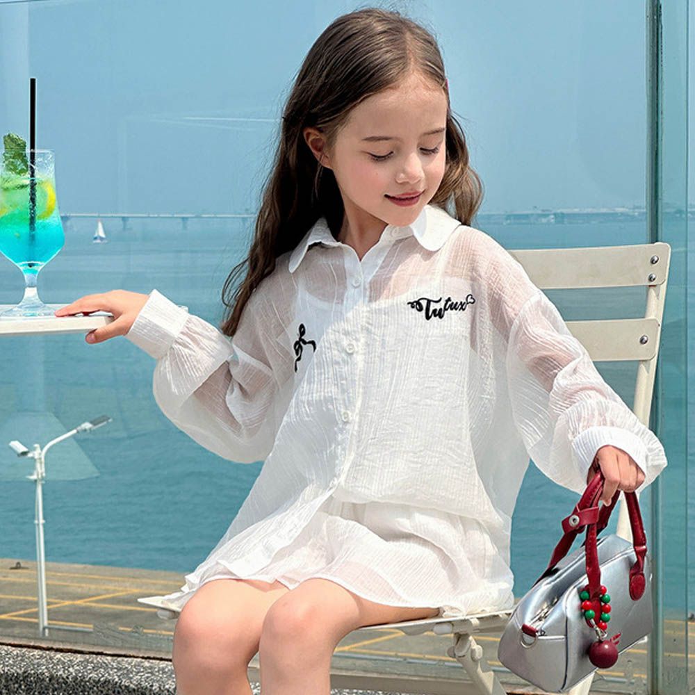 天絲透膚皺摺設計襯衫+短褲套裝-撞色刺繡-白色