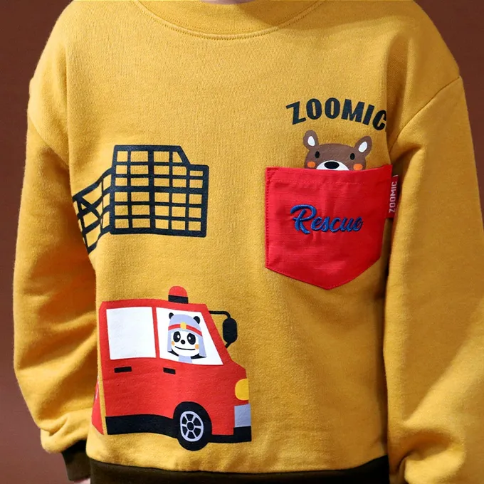 日本 ZOOLAND - 熊熊救援隊 消防車印花長袖上衣-淺灰