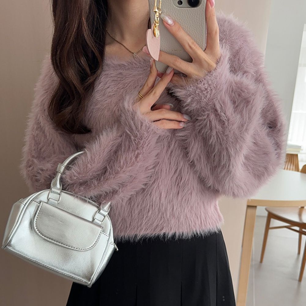 華麗毛茸茸短版針織上衣-灰粉 (F)