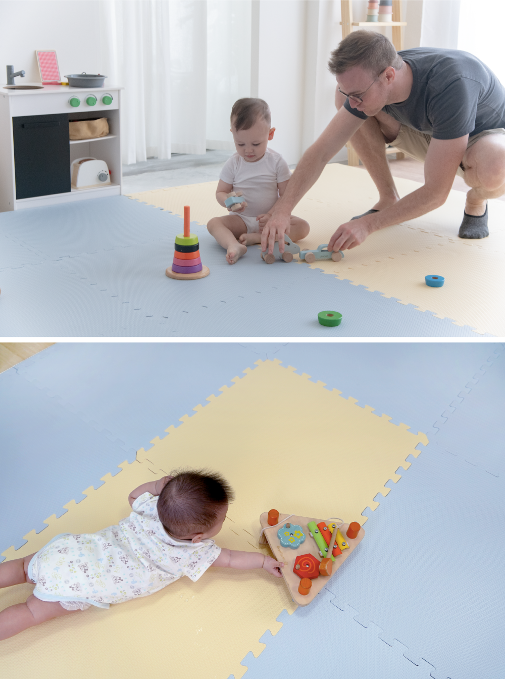 Pato.Pato - Hipopo方塊遊樂圍欄+雙色地墊安心組-鵝黃&灰藍-圍欄6入(L型x4+I型x2)＋60x60x2cm地墊6片(附贈邊條x12)