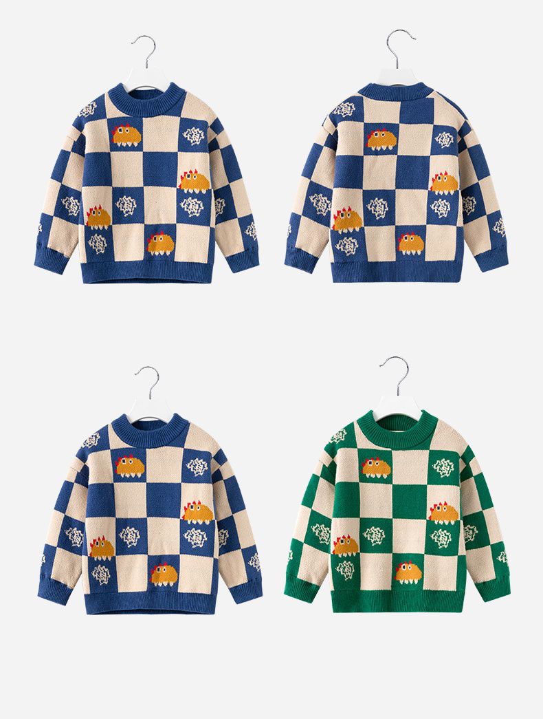 圓領保暖針織長袖上衣/毛衣-拼色格紋恐龍-藍色