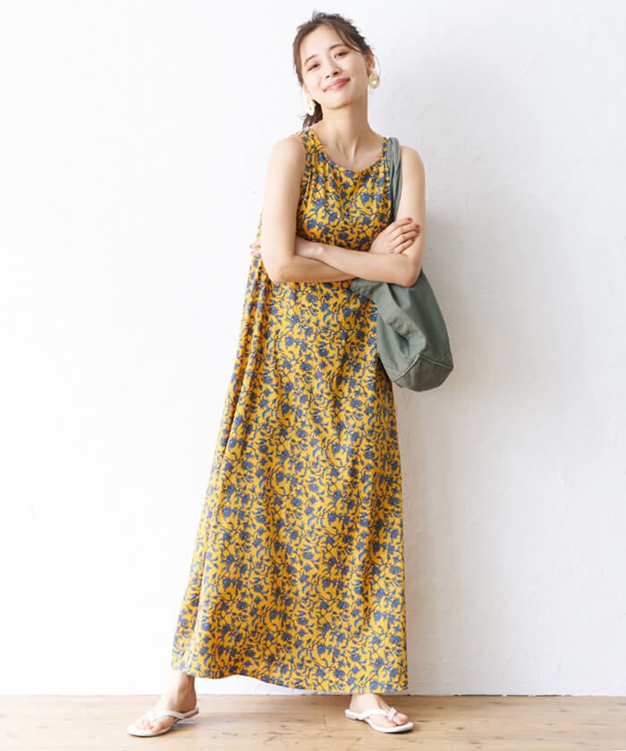 日本 COCA - 夏日繽紛碎花無袖洋裝-黃