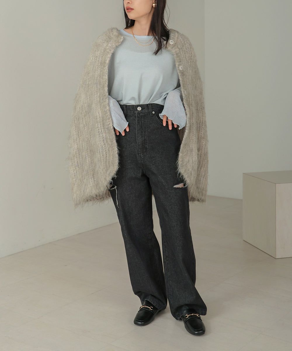 日本 Bab - 楊柳拼接珍珠薄長袖上衣-米杏