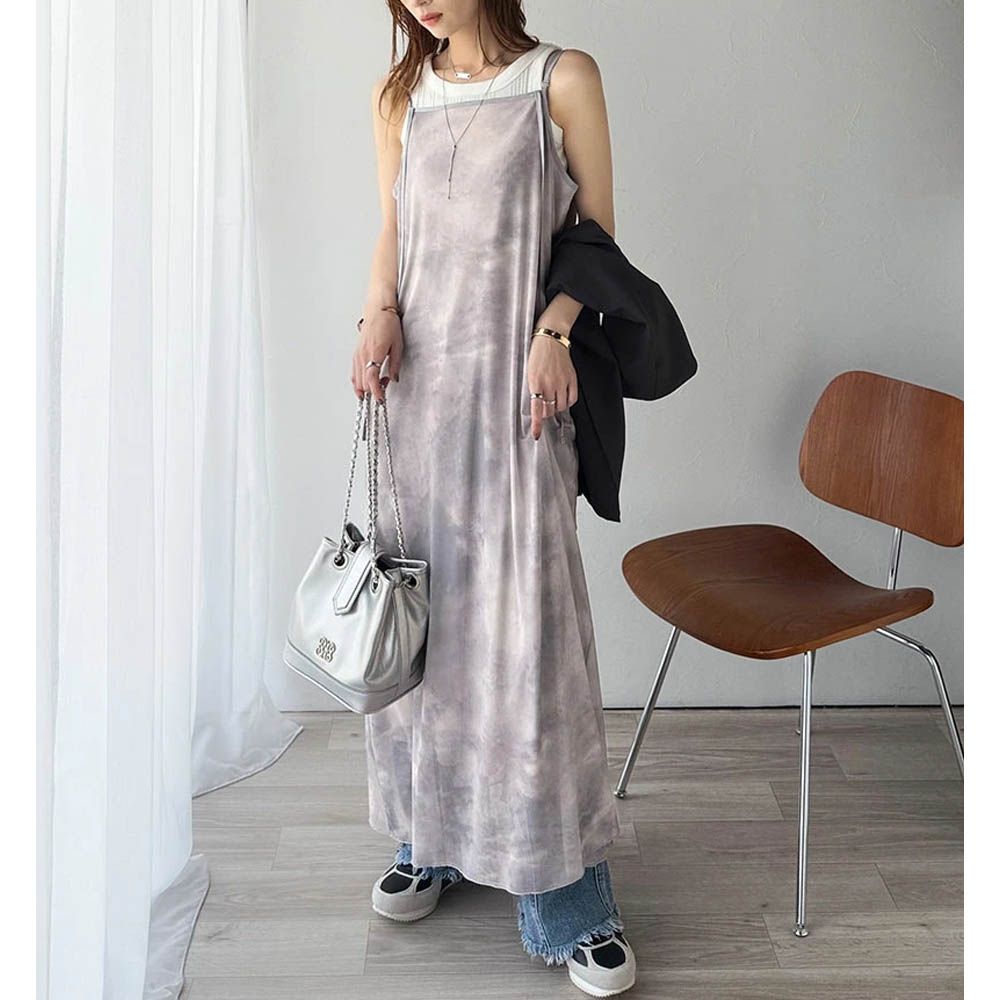 2way奢華薄紗大理石印花吊帶洋裝-紫灰