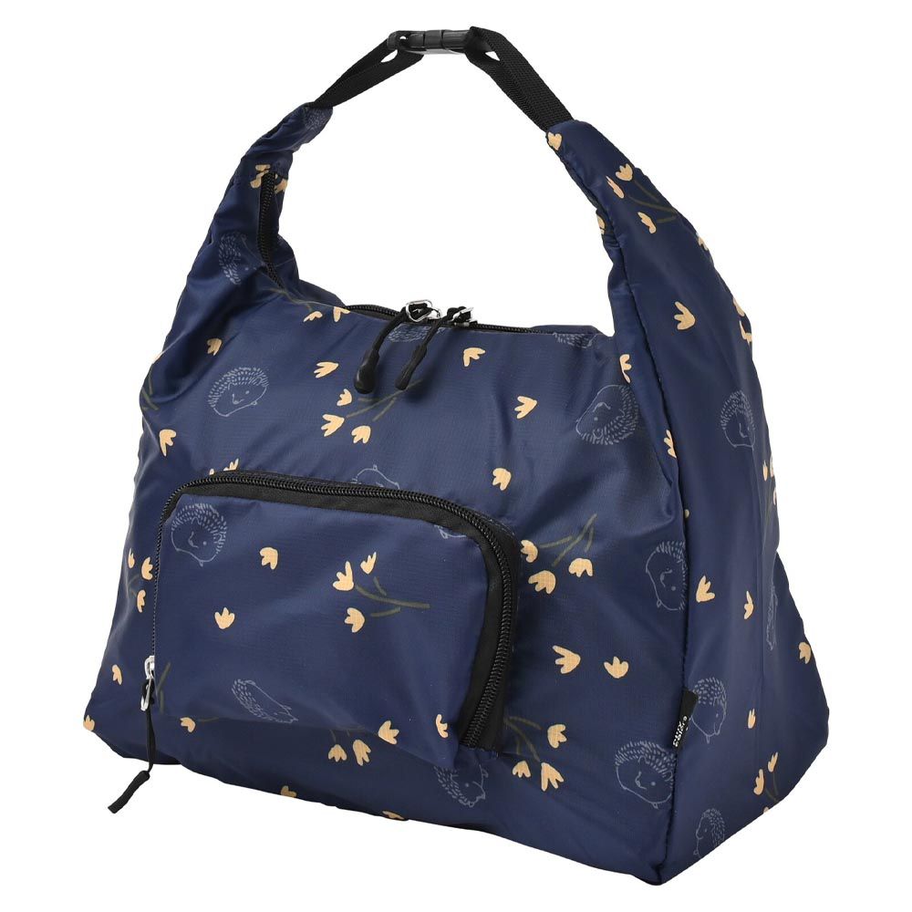 日本 nifty colors - 2WAY 可摺疊防潑水旅行袋/側背包-小花朵朵-深藍 (35x32x15cm)