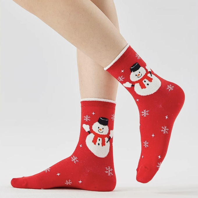 love, charlotte - 聖誕雪人主題中筒棉襪 (均碼腳長22cm+) (FREE (腳長22cm+))-3 雙一組