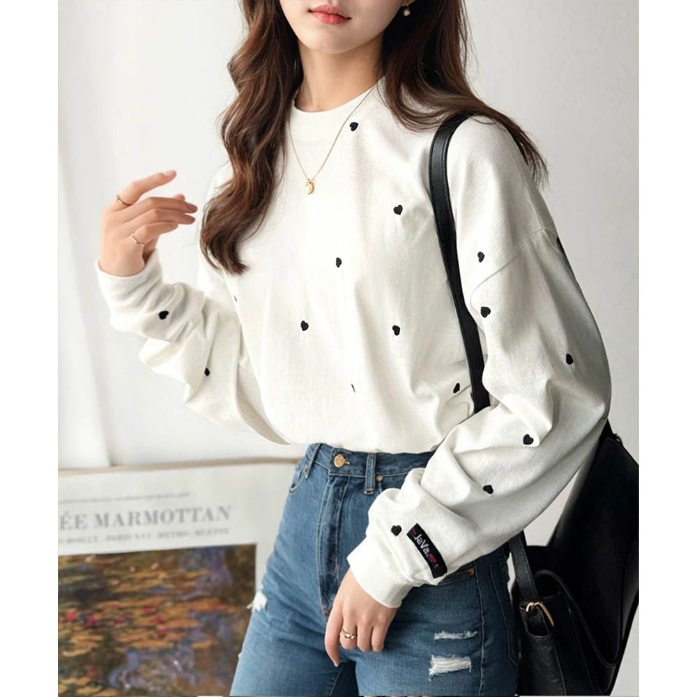 Java 滿版甜蜜心型長袖上衣-白底x黑