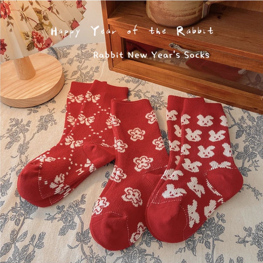 love, charlotte - 秋冬雙針新年紅襪子小兔花朵棉襪-3雙一組