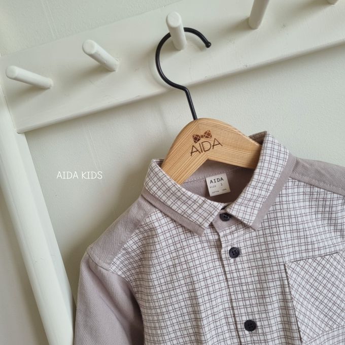 韓國 AIDA - (不含領結)拼接感格紋翻領長袖襯衫-可可咖