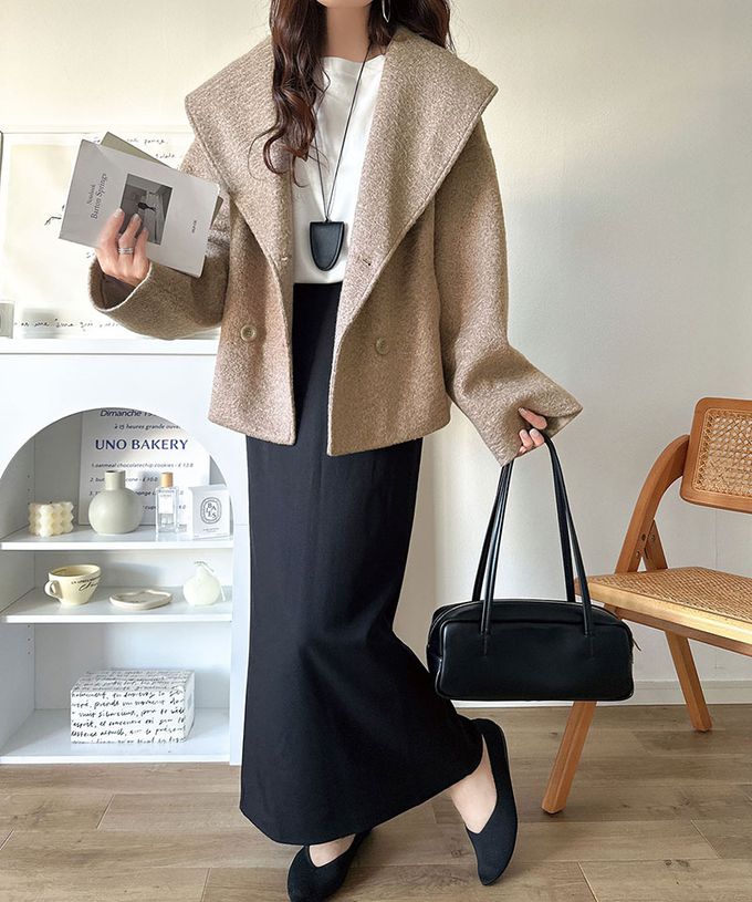 日本 Classical Elf - 注目大翻領優雅毛呢感大衣外套-淺摩卡